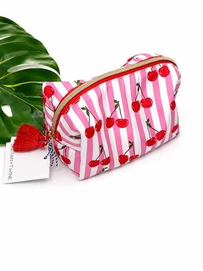 Tartan + Twine Cherry Stripe Pink White Makeup Travel Pouch Tassel Zip Case NWT